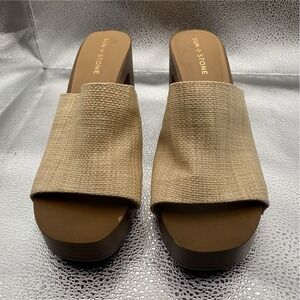 SUN + STONE Studded Block Heel Slip-On Slide Beige Women's Sandals Size 9